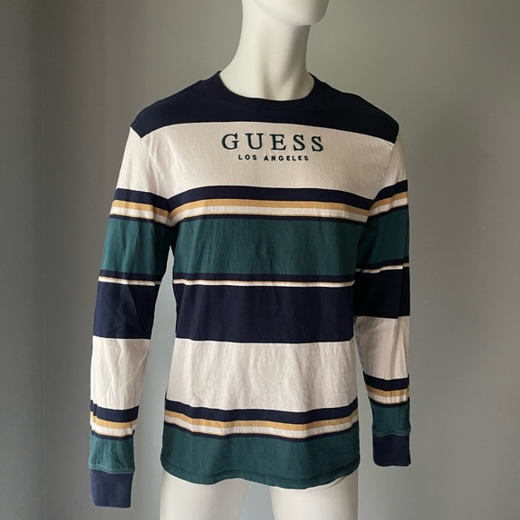 GUESS Men's Long Sleeve Striped Tee - Navy, Green, White - Picture 1 of 5